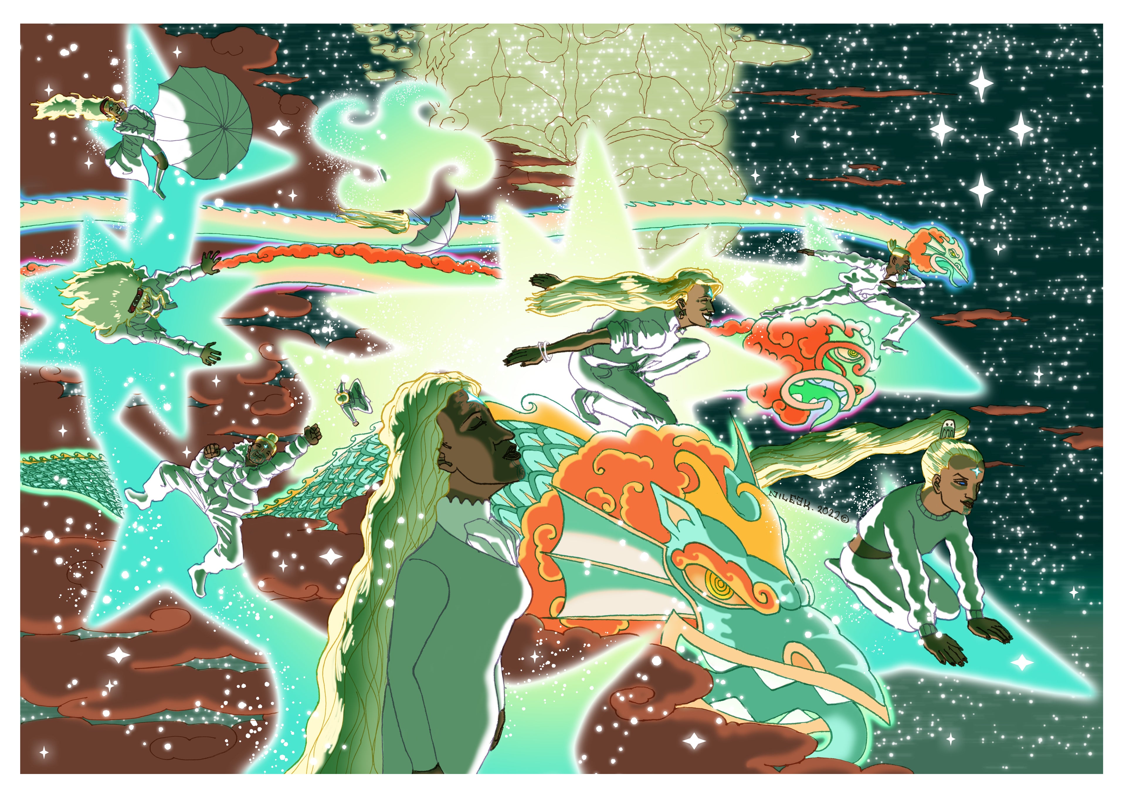 Matariki Whānau Racing Through the Stars A3 Print